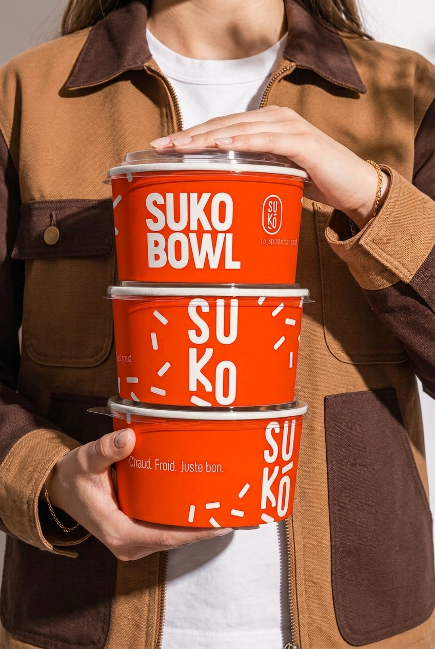 Femme portant trois bols de nourriture Suko à emporter, avec packaging orange et coloré