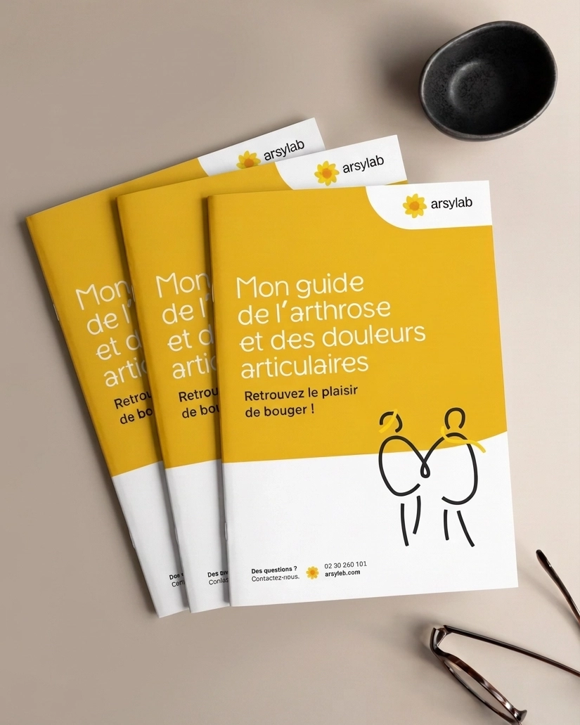 Trois guides de l’arthrose Arsylab au format A5, avec une identité visuelle moderne orange et blanche.
