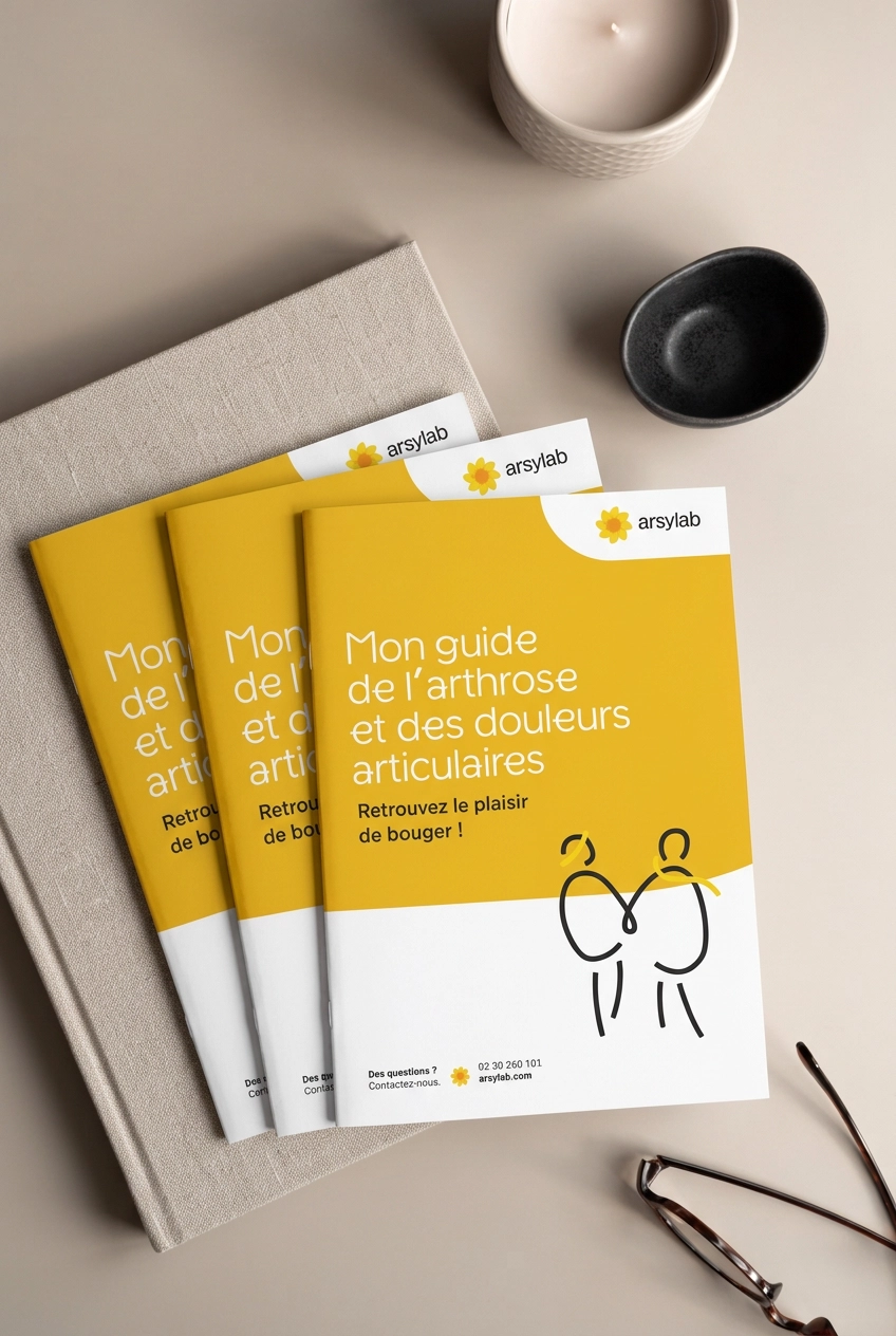 Trois guides de l’arthrose Arsylab au format A5, avec une identité visuelle moderne orange et blanche.