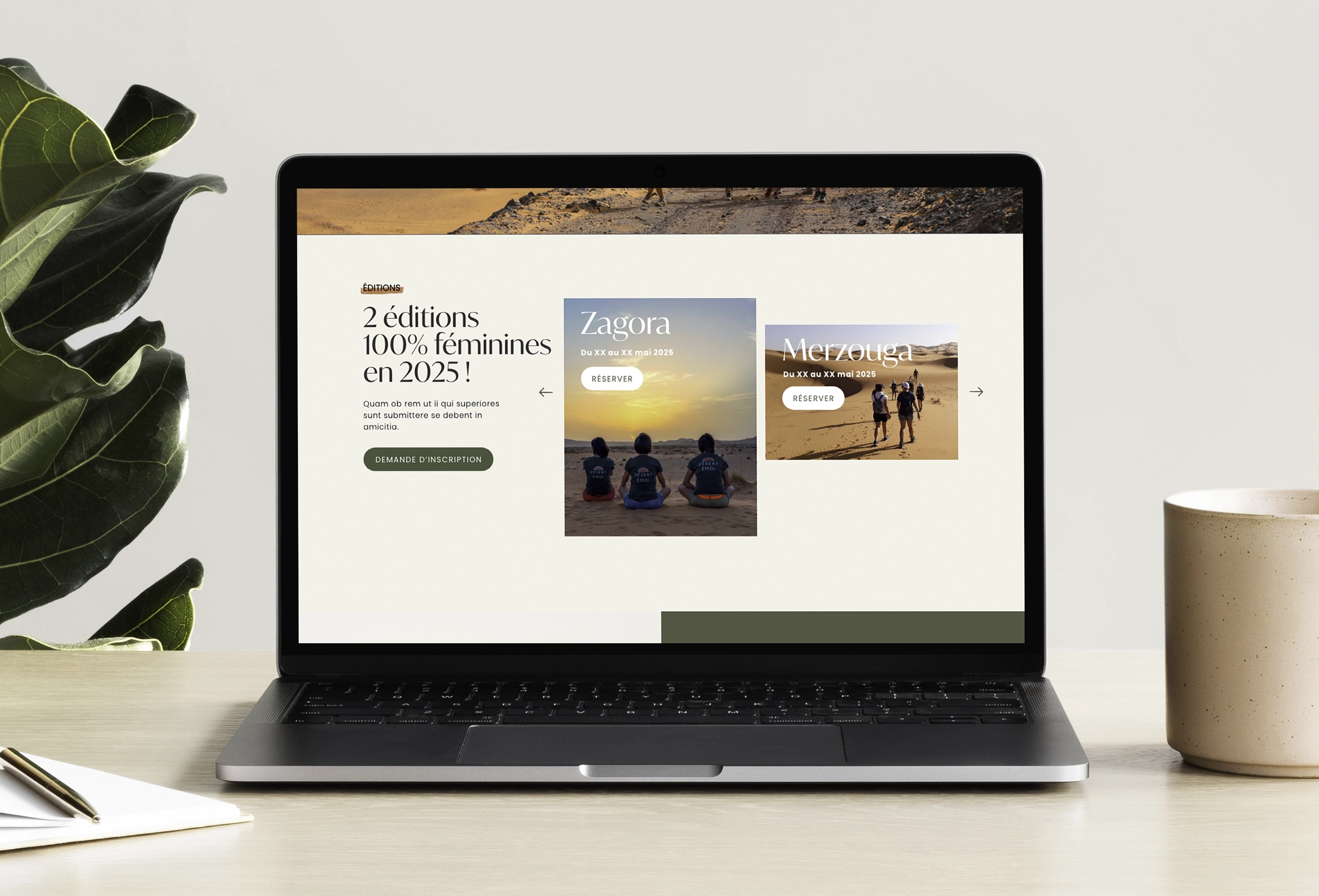 Webdesign du site internet Désert Émoi dédié aux voyages au féminin dans le désert du Sahara